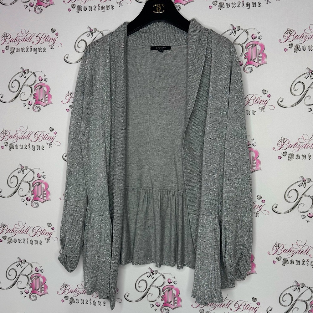 Lety & me cardigan grey sparkly shimmer grey silver ruffle tiered trim cinch